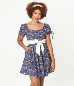 Unique Vintage 1950s Navy Botanica Print Dakota Flare Dress New Arrivals!