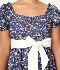 Unique Vintage 1950s Navy Botanica Print Dakota Flare Dress New Arrivals!