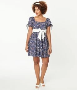 Unique Vintage 1950s Navy Botanica Print Dakota Flare Dress New Arrivals!