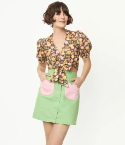 Smak Parlour Green & Pink Tulip Match Game Mini Skirt Sale