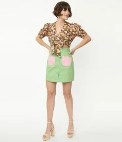 Smak Parlour Green & Pink Tulip Match Game Mini Skirt Sale