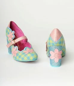Design Asylum Manufacturing (HK) Limited (Irregular Choice Shoes) Irregular Choice Green Gingham & Pink Flower Heels
