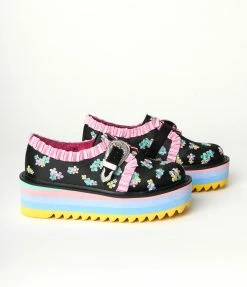Design Asylum Manufacturing (HK) Limited (Irregular Choice Shoes) Irregular Choice Black & Rainbow Floral Platform Loafers Flats