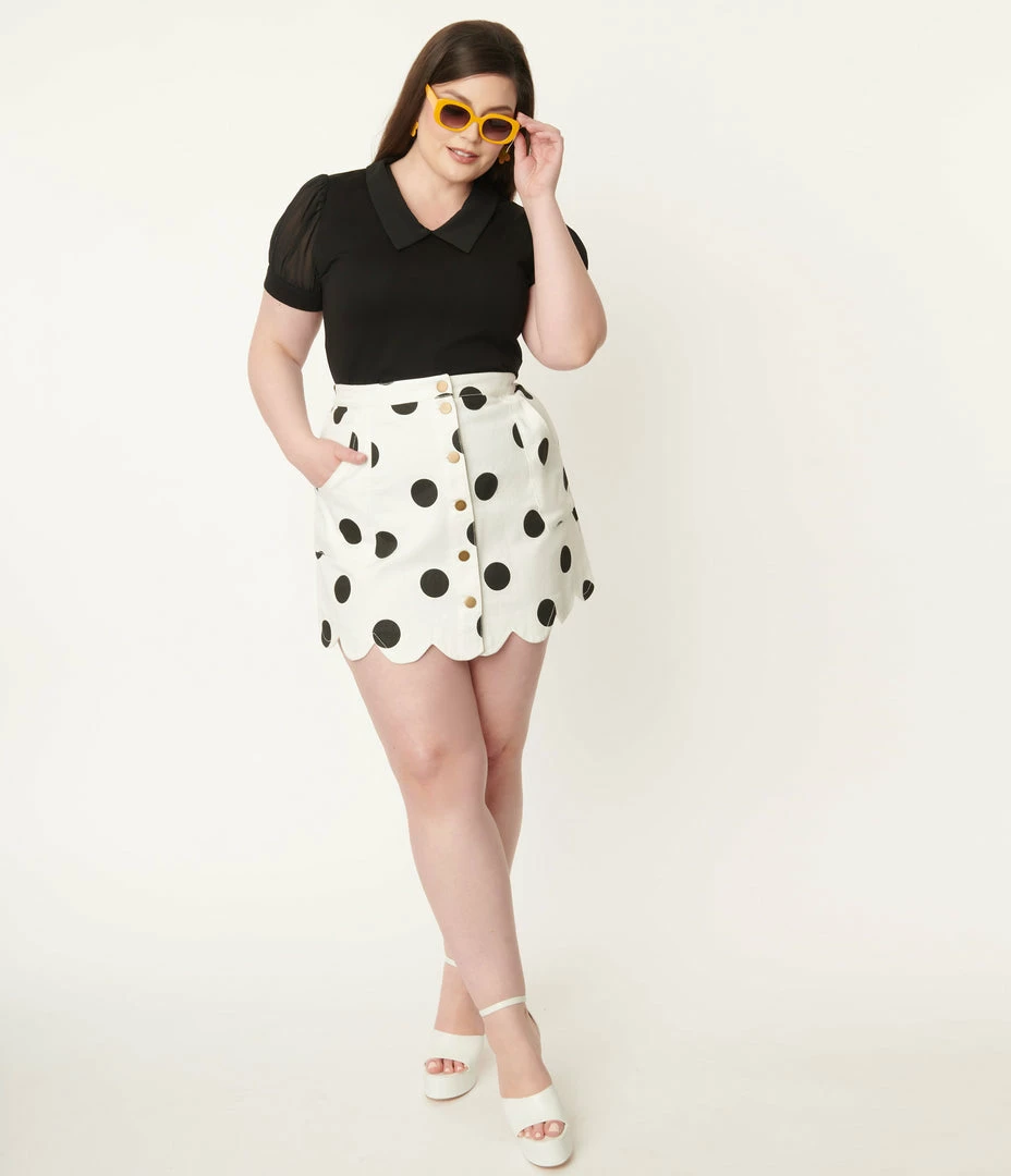 Sale Smak Parlour Plus Size White & Black Polka Dot Campus Mini Skirt