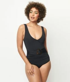 Swimwear Kingdom & State 1950s Black Belted One Piece Swimsuit