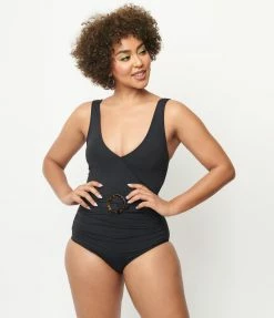 Swimwear Kingdom & State 1950s Black Belted One Piece Swimsuit