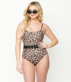 ENVYA Leopard Print Belted One Piece Swimsuit Swimwear