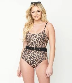 ENVYA Leopard Print Belted One Piece Swimsuit Swimwear