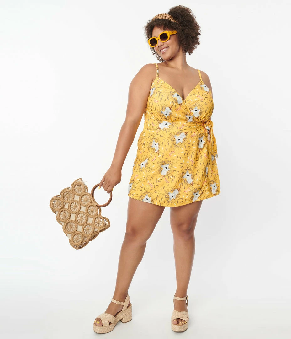 Unique Vintage Plus Size Yellow & Koala Print Lottie Wrap Romper