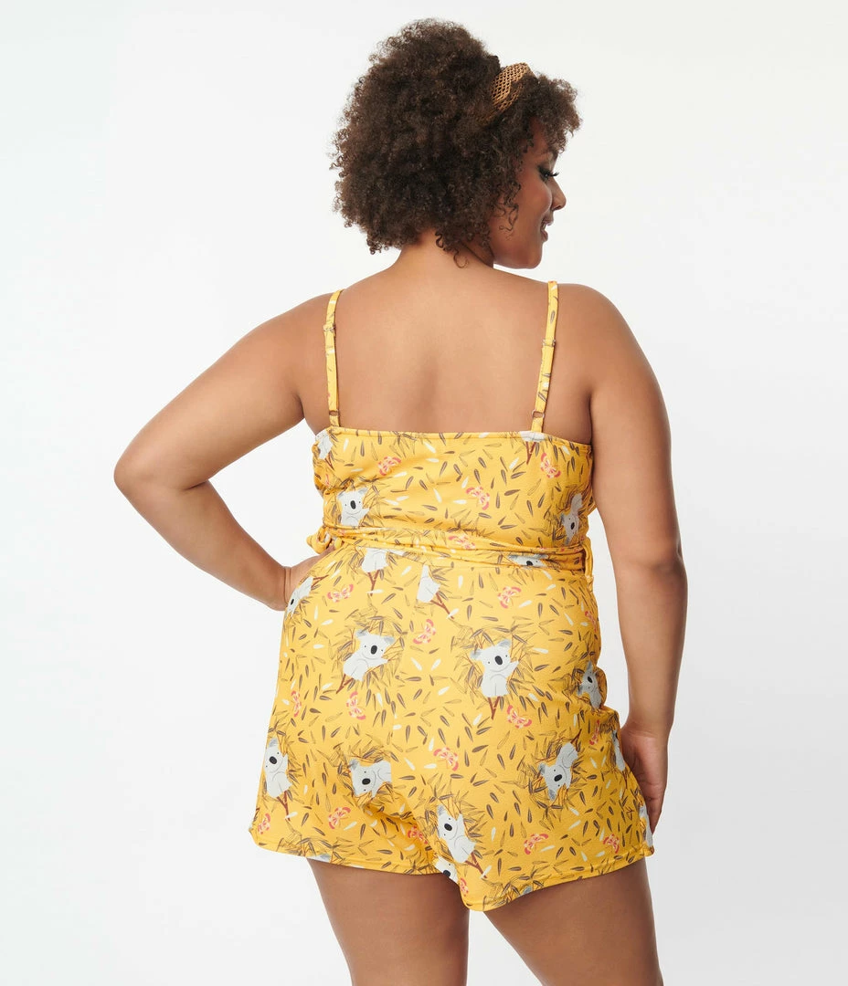 Unique Vintage Plus Size Yellow & Koala Print Lottie Wrap Romper