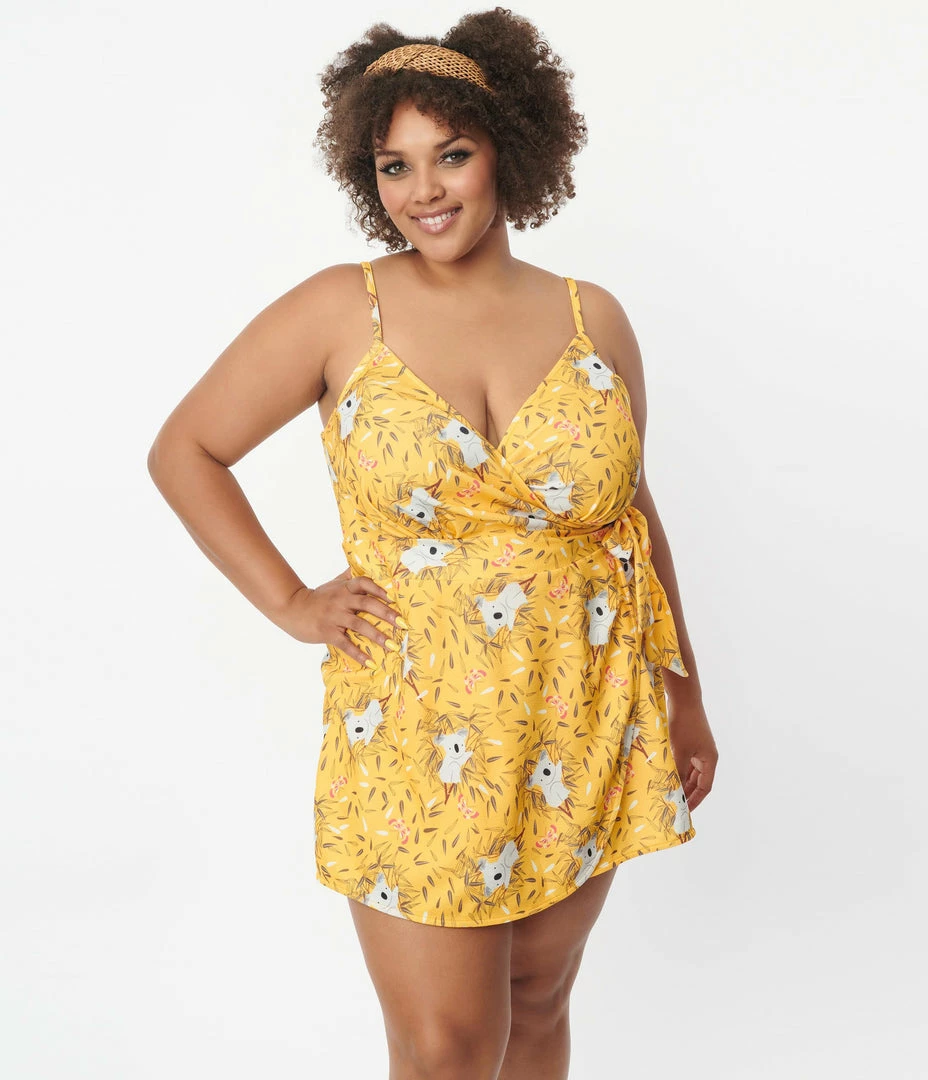 Unique Vintage Plus Size Yellow & Koala Print Lottie Wrap Romper