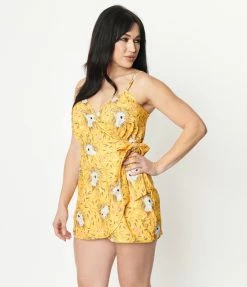 Unique Vintage Yellow & Koala Print Lottie Wrap Romper