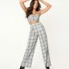 LuxyUSA Grey & Navy Plaid Crop Top & Pant Set Sale