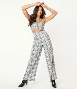 LuxyUSA Grey & Navy Plaid Crop Top & Pant Set Sale