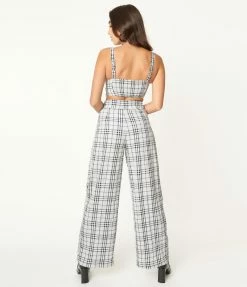 LuxyUSA Grey & Navy Plaid Crop Top & Pant Set Sale