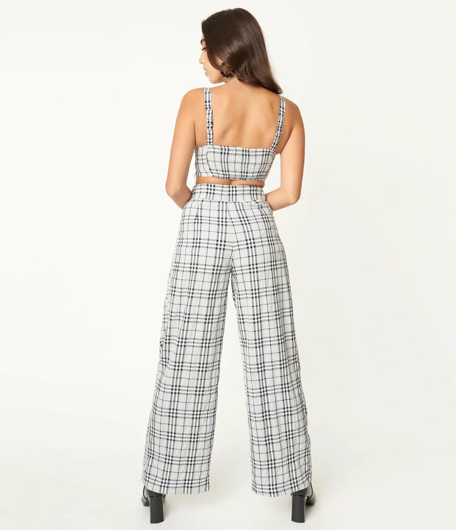 LuxyUSA Grey & Navy Plaid Crop Top & Pant Set Sale