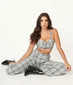 LuxyUSA Grey & Navy Plaid Crop Top & Pant Set Sale