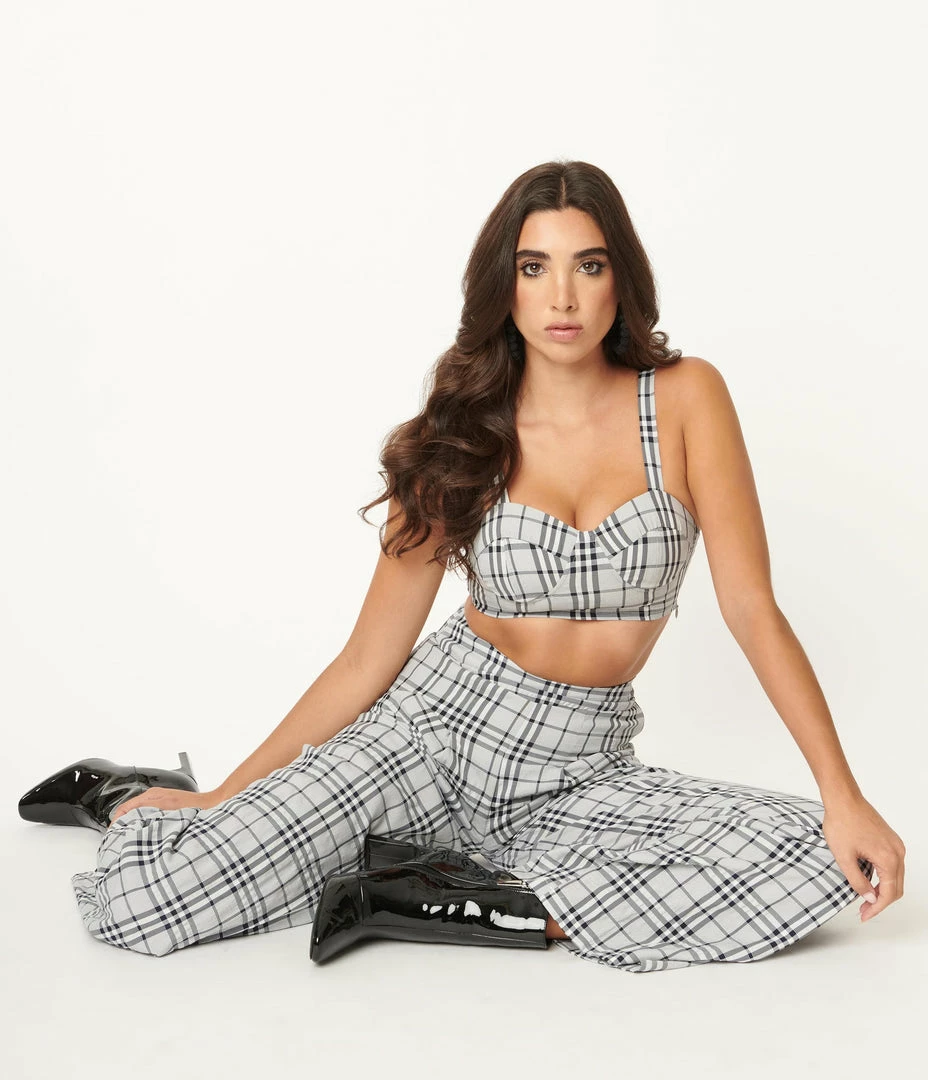 LuxyUSA Grey & Navy Plaid Crop Top & Pant Set Sale
