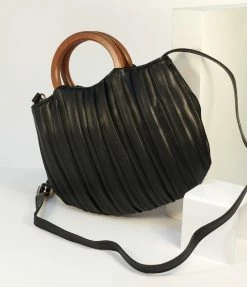 Melie Bianco Black Pleated Leatherette Handbag