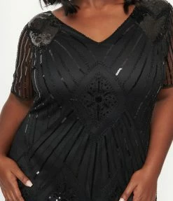 Clothing Unique Vintage Plus Size 1920s Black Sequin Katriane Flapper Dress