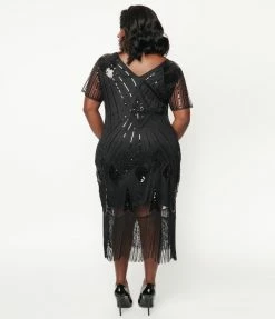 Clothing Unique Vintage Plus Size 1920s Black Sequin Katriane Flapper Dress