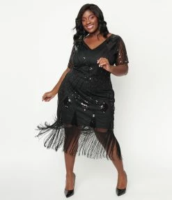 Clothing Unique Vintage Plus Size 1920s Black Sequin Katriane Flapper Dress