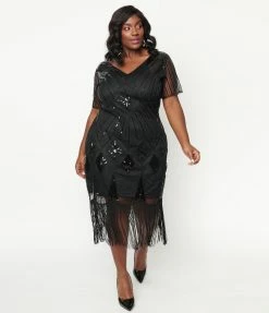 Clothing Unique Vintage Plus Size 1920s Black Sequin Katriane Flapper Dress