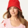 Q2 Hats Red Fuzzy Knit Bucket Hat
