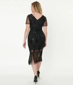 Unique Vintage 1920s Black Sequin Katriane Flapper Dress Clothing