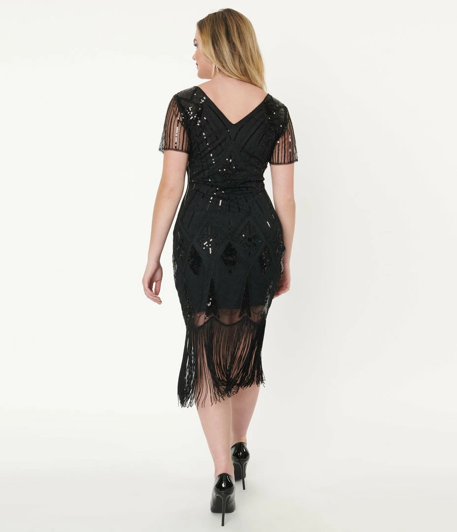 Unique Vintage 1920s Black Sequin Katriane Flapper Dress Clothing