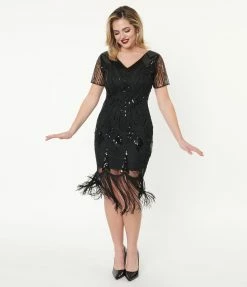 Unique Vintage 1920s Black Sequin Katriane Flapper Dress Clothing