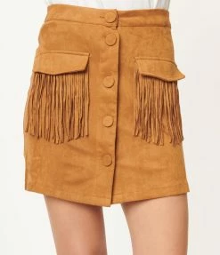 Best & Best Camel Suede Fringe Pocket Mini Skirt