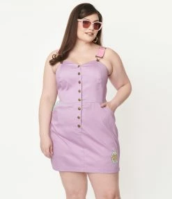 Polly Pocket X Unique Vintage Plus Size Purple Embroidered Fitted Pinafore Fan Flair