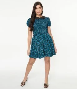 Smak Parlour Black & Blue Floral Print Smocked Fit & Flare Dress