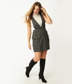 Paper Crane Black & White Plaid Tweed Pinafore Flare Dress Clothing