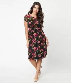 Rokoko Sale Black & Fuchsia Floral Swing Dress