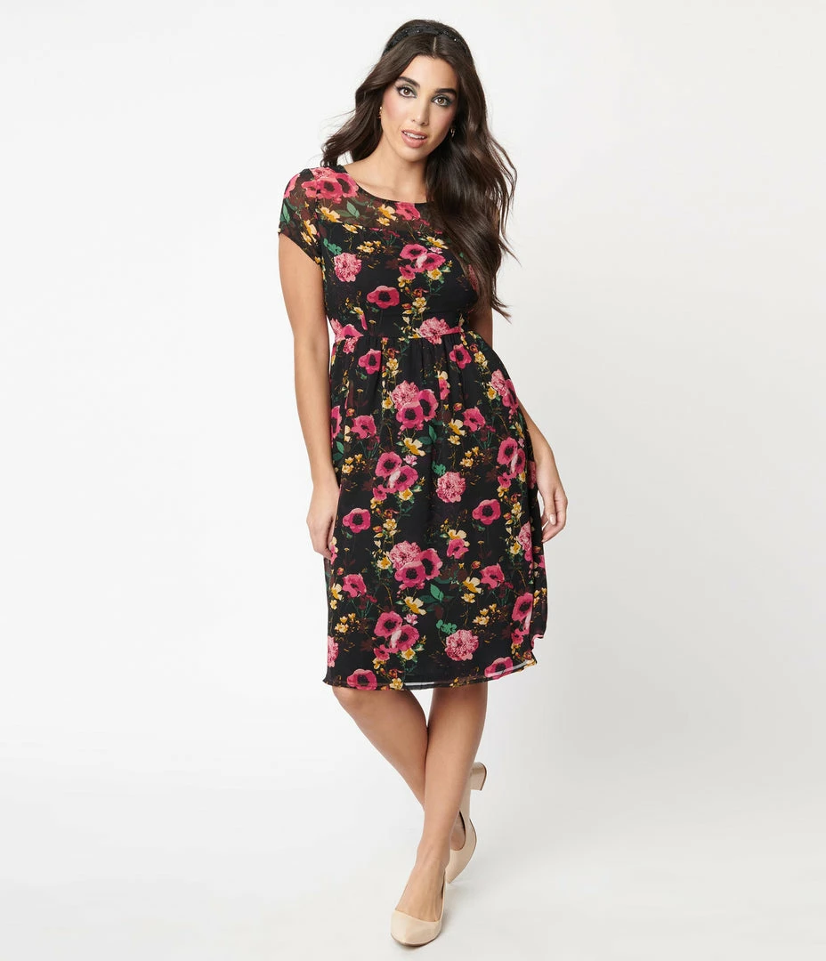 Rokoko Sale Black & Fuchsia Floral Swing Dress