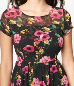 Rokoko Sale Black & Fuchsia Floral Swing Dress