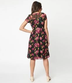 Rokoko Sale Black & Fuchsia Floral Swing Dress