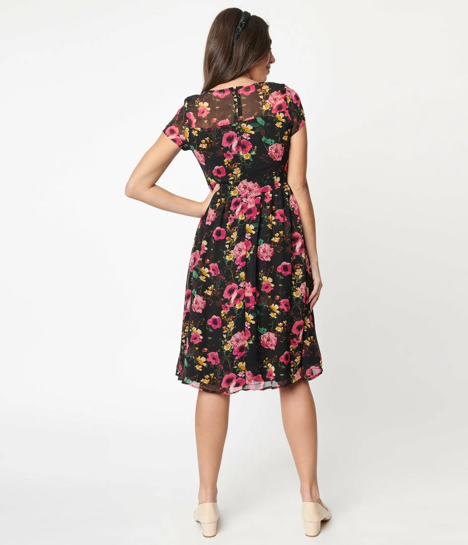 Rokoko Sale Black & Fuchsia Floral Swing Dress
