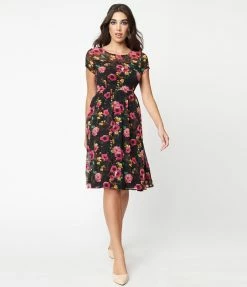 Rokoko Sale Black & Fuchsia Floral Swing Dress