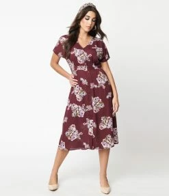 Rokoko Wine & Light Purple Floral Midi Dress Sale