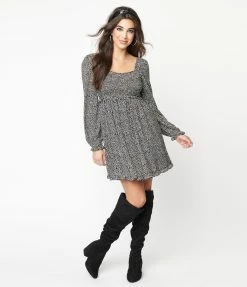 She+Sky Sale Black & White Leaf Print Babydoll Dress