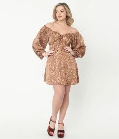 She+Sky Brown & Cream Abstract Spots Fit & Flare Dress