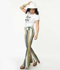 Saints & Hearts Olive Multi Stripe Bell Bottom Jeans