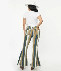 Saints & Hearts Olive Multi Stripe Bell Bottom Jeans