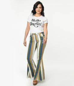 Saints & Hearts Olive Multi Stripe Bell Bottom Jeans