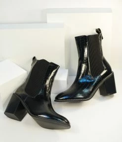 Joia Boots Black Reptile Patent Leatherette Heel Booties