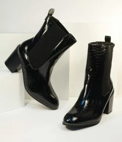 Joia Boots Black Reptile Patent Leatherette Heel Booties