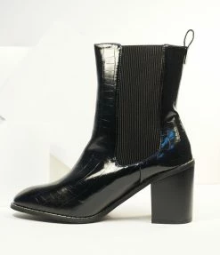 Joia Boots Black Reptile Patent Leatherette Heel Booties